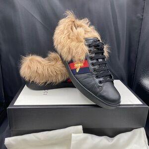 Gucci Black and Tan Fur-Trimmed Sneakers